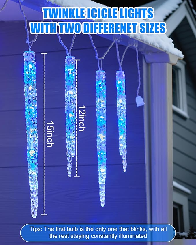 Minetom Icicle Lights Outdoor with Clips, 20ft 100 LED 20 Tubes Twinkling Icicle Strings Connectable Waterproof Hanging Christmas Lights Plug in for Eave Outdoor, Blue and White