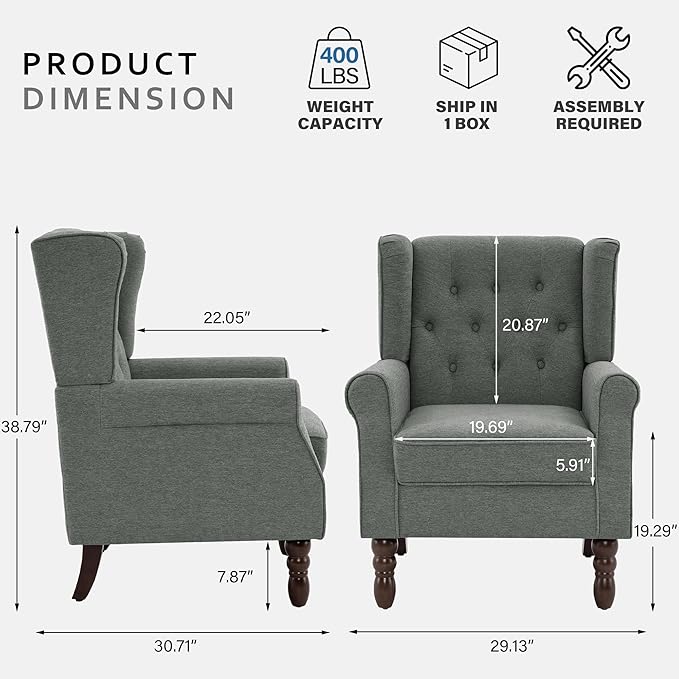 Lumibee High Back Accent Chair,Upholstered Wingback Armchair with Solid Wood Legs for Small Spaces,Comfy Single Sofa Chair for Living Room,Bedroom,Office-Gray
