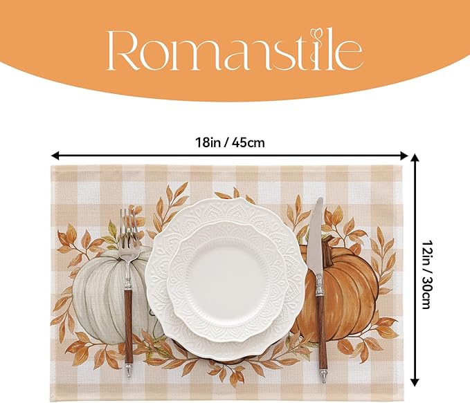 Romanstile Fall Placemats Set of 8-12 X 18 Inch - Thanksgiving Autumn Harvest Pumpkin Buffalo Plaid Place Mats, Stain Resistant Wipeable Table Mats for Party/Dining/Holiday- Orange Checkered