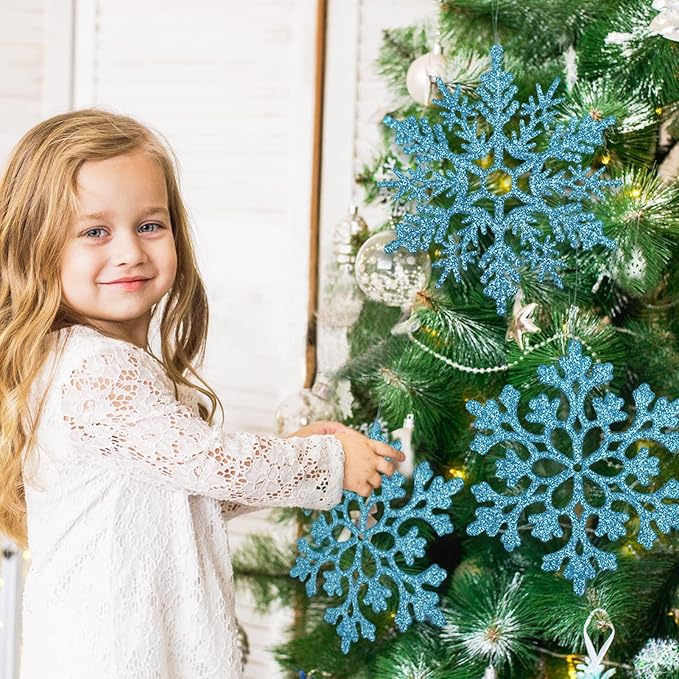 6pcs Large Snowflakes Ornaments Blue 12” Big Plastic Glitter Snowflake for Winter Indoor Outdoor Christmas Tree Window Room Decorations Giant Craft Snowflakes