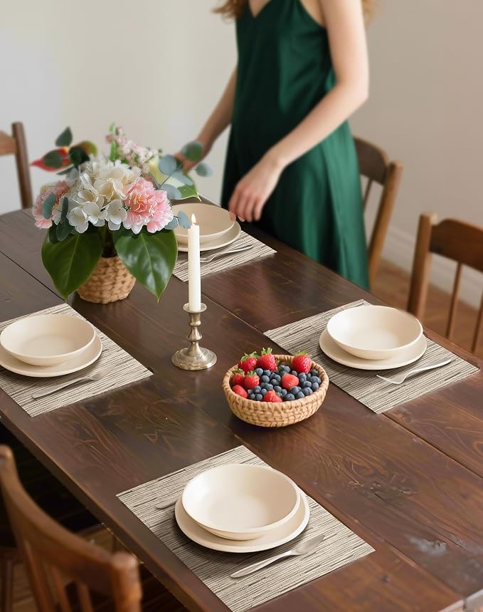 Leetaltree Light Brown Placemats Set of 6 - Heat Resistant Non-Slip Place mats for Dining Table, Washable Durable PVC Vinyl Woven Table Mats（Light Brown, 6）