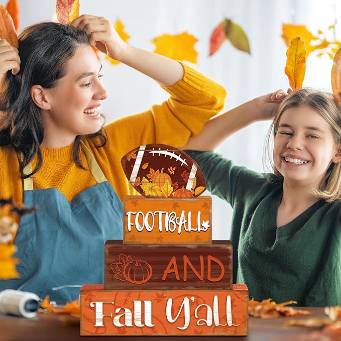 4 Pcs Fall Thanksgiving Decor for Home Football Wooden Signs with Sayings Fall Thanksgiving Tiered Tray Decor Pumpkin Football Tabletop Centerpiece Maple Leaf Block Signs for Office Kitchen Shelf