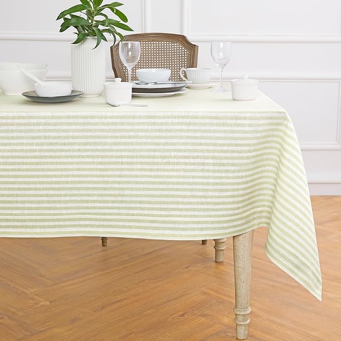 Solino Home Linen Striped Tablecloth 60 x 108 Inch - 100% Pure Linen Sage and White Table Cloth for Rectangle Tables - Amalfi Stripe, Machine Washable Tablecloth for Fall, Autumn, Thanksgiving