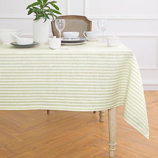 Solino Home Linen Striped Tablecloth 60 x 108 Inch - 100% Pure Linen Sage and White Table Cloth for Rectangle Tables - Amalfi Stripe, Machine Washable Tablecloth for Fall, Autumn, Thanksgiving
