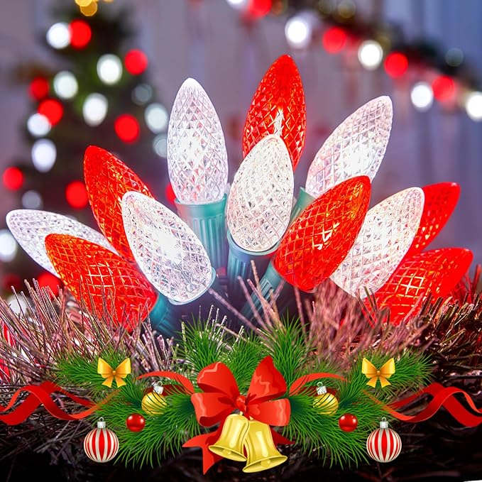 Outdoor Christmas Lights, 100 Ft LED Commercial String Lights With Red and Pure White Strawberry C9 Bulbs, Waterproof Connectable UL Certified for Indoor Home Yard Xmas Tree Decor