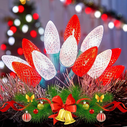 Outdoor Christmas Lights, 100 Ft LED Commercial String Lights With Red and Pure White Strawberry C9 Bulbs, Waterproof Connectable UL Certified for Indoor Home Yard Xmas Tree Decor