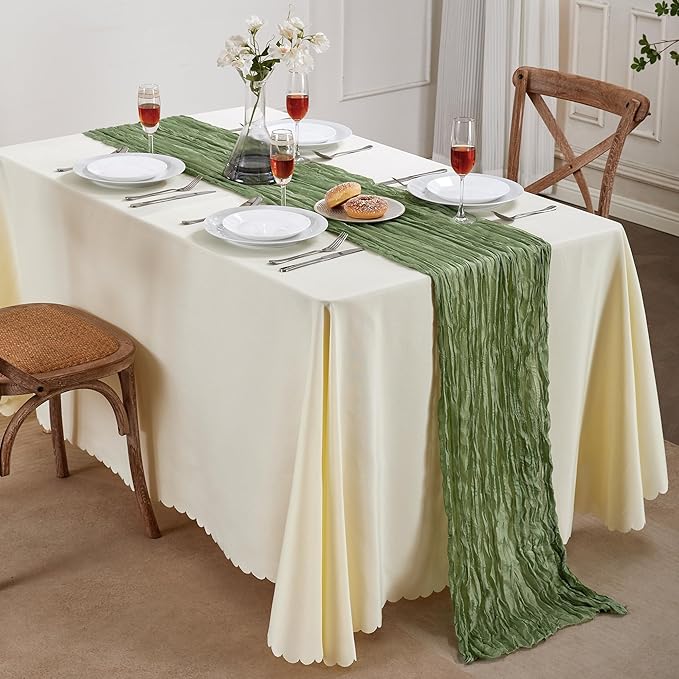 24 Pack Sage Green Cheesecloth Table Runner 10FT Long Boho Gauze Table Runner Rustic Sheer Runner for Wedding Bridal Baby Shower Birthday Party Table Decor Thanksgiving Christmas Decorations