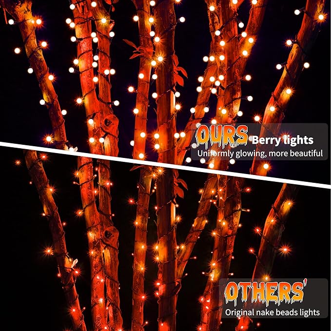 Brizled Orange Halloween Lights, 66ft 200 LED Orange Lights String Connectable, 8 Modes Outdoor Halloween Lights, Berry String Lights with Timer Plugin for Garden Tree Indoor Party