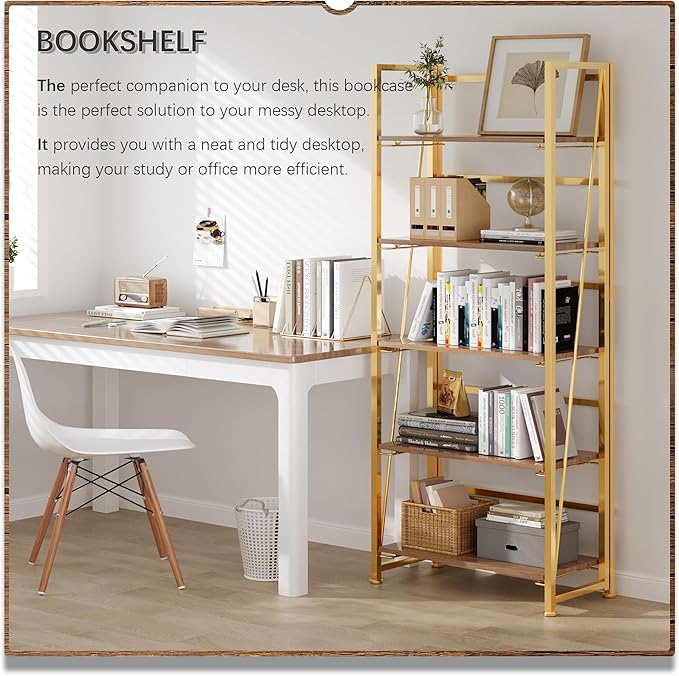 4NM No Assembly Foldable Bookshelf, 5-Shelf Collapsible Bookcase Storage for Small Spaces, 62.2" H, Brown and Golden