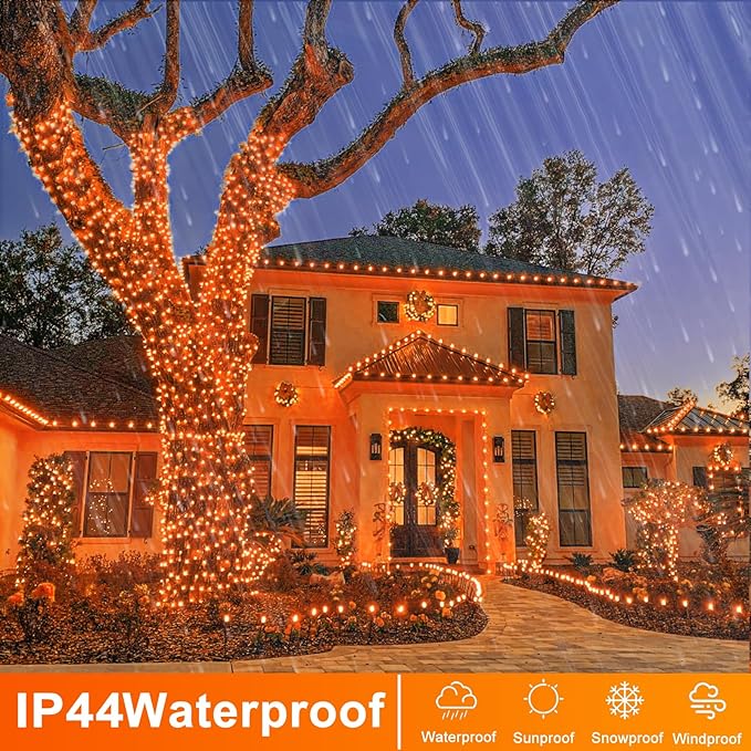 400 LED Orange String Lights, 132 FT Halloween Lights Clear Wire 8 Modes Orange Christmas Lights Outdoor, Plug in Waterproof Fairy String Lights for Tree Christmas Halloween Thanksgiving Decorations