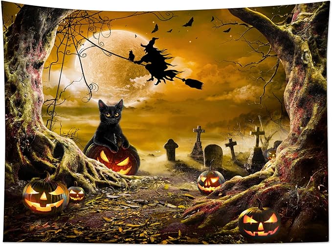 LB Halloween Wall Tapestry Horror Witch Cat and Dead Tree Pumpkin Lights with Spooky Graveyard Tapestry Orange Full Moon over Misty Forest Wall Decor for Bedroom Living Room Dorm 60x40 Inches