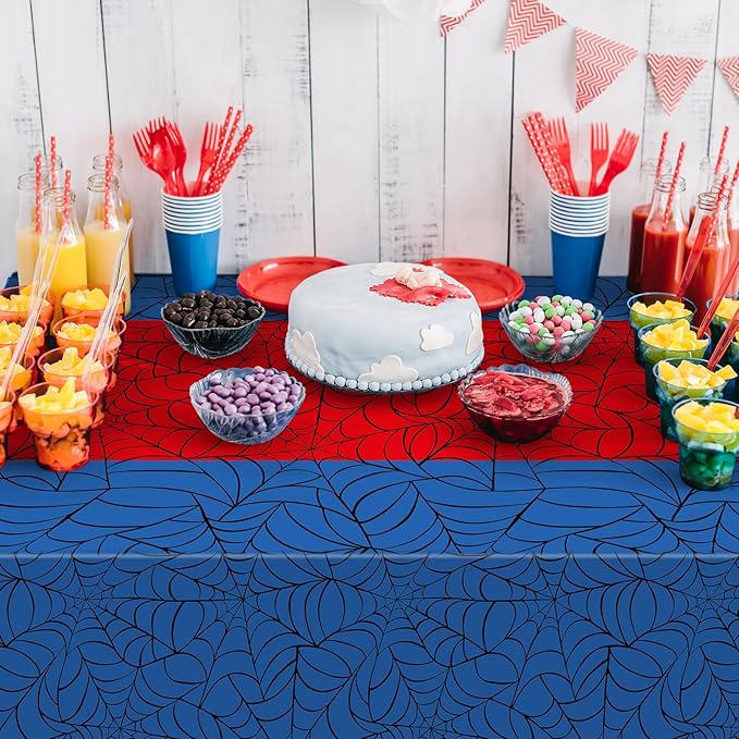 3Pcs Spider Web Themed Birthday Party Tablecloth Decorations,Blue Hero Plastic Table Cover with Red Runner Disposable Rectangle Table Cloth for Baby Shower Kids Boy Birthday Party Supplies,54x108 Inch