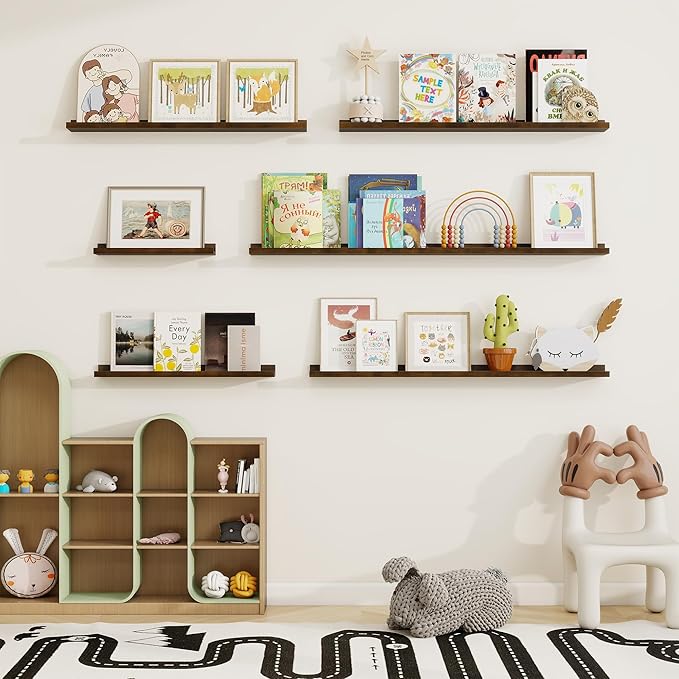 Picture Ledge Shelf, Solid Pine Wood Floating Shelves Set of 2, 36 Inches Nursery Book Shelves for Toys Storage, Kids Bookshelf Wall Mounted for Living Room Bedroom Decor Books Photo Frames, Walnut