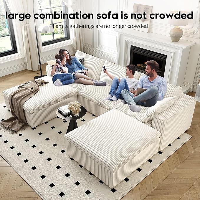 118" Cloud Couch Modular Sectional Sofa for Living Room,Modern Sofa with Deep Seat，U-Shape Boneless Couch with 2 Ottoman,Comfy Upholstered Corduroy Couches for Apartment, Studio, Office,Bedroom，White