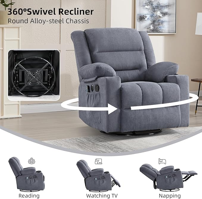 Rocker Recliner Chair with Heat and Massage, 360° Swivel Recliner Chairs for Adults, Heavy Duty Reclining Sofa Chair with USB Port Cup Holders Side Pockets for Living Room (Grey)