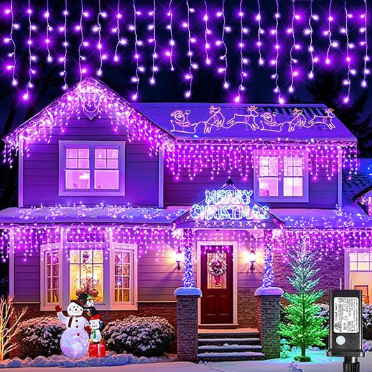 Halloween Lights Outdoor, 33FT 400 LED Purple Icicle Lights for Outside with Waterproof 8 Modes, Plug in Connectable Curtain Twinkle Light for Indoor Bedroom Patio Yard Party Holiday Decorations