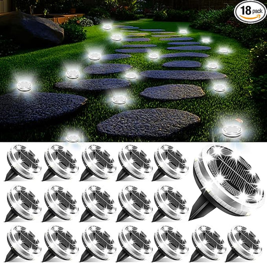 Solar Ground Lights Outdoor 18 Pack Waterproof, Upgraded Solar Garden Lights with 4 Side Light, Stainless Steel Solar Powered Disc Landscape Light for Walkway Lawn Yard Patio Deck-Cool White