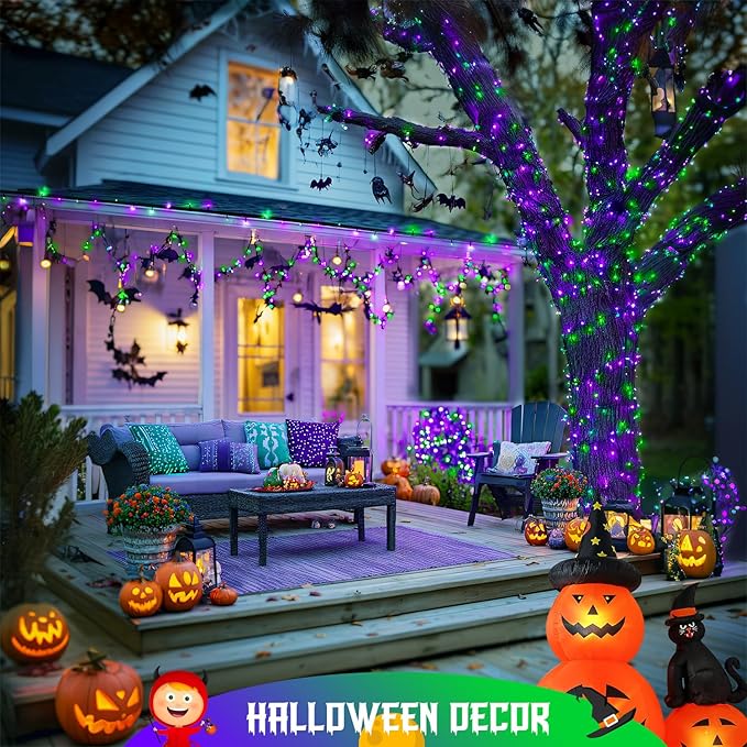 JMEXSUSS 2 Pack Purple and Green Halloween Lights, Total 400 LED 151FT Solar Halloween Lights Outdoor Waterproof, 8 Modes Solar Christmas String Light for Outside Tree Patio Decorations