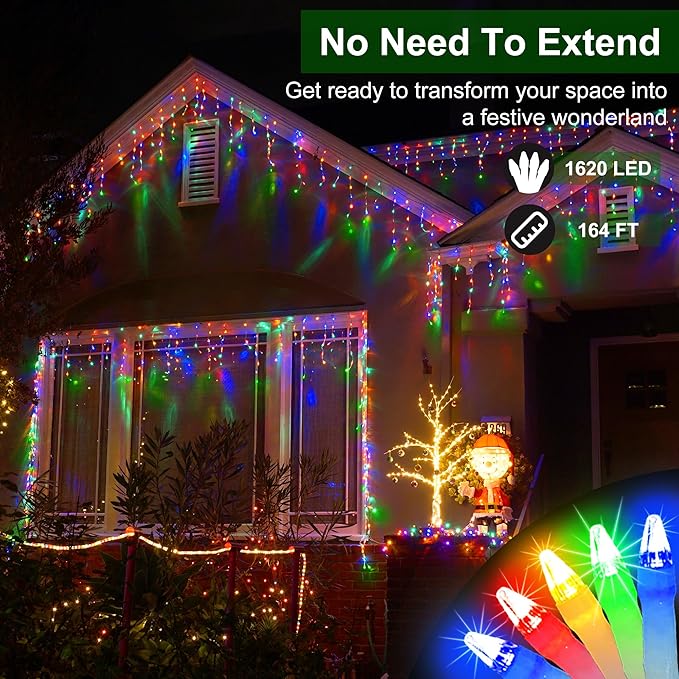1620 LED Christmas Lights with 360 Drops,164ft 8 Modes Fairy Hanging String Lights with Time Waterproof, Plug-in Hanging String Lights for Holiday Wedding Party Christmas Decor (Multicolor)