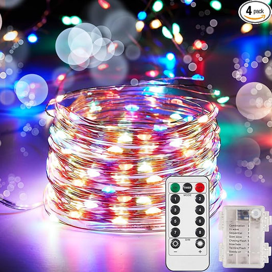 4 Pack 32.8 Ft. Battery Operated Outdoor String Lights with Remote & Timer, LED Multi Color Fairy Lights, Waterproof Twinkle Lights for Bedroom, Dorm, Mason Jar, Wedding, Party, Christmas