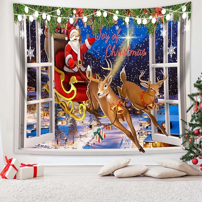 QGHOT Christmas Window Tapestry Wall Hanging Christmas Backdrop Xmas Winter Window Wall Decor Santa Claus Tapestries for Bedroom Living Room Dorm Holiday Party Decoration