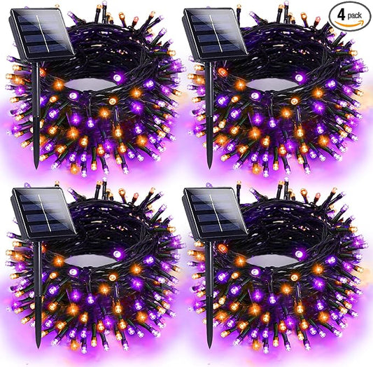 4pk Orange and Purple Solar Halloween Lights Outdoor Waterproof, 400LED 132FT Solar Powered LED String Lights Black Wire with 8 Modes, Solar Fairy Lights for Halloween Horror Party Tree Wedding Decor