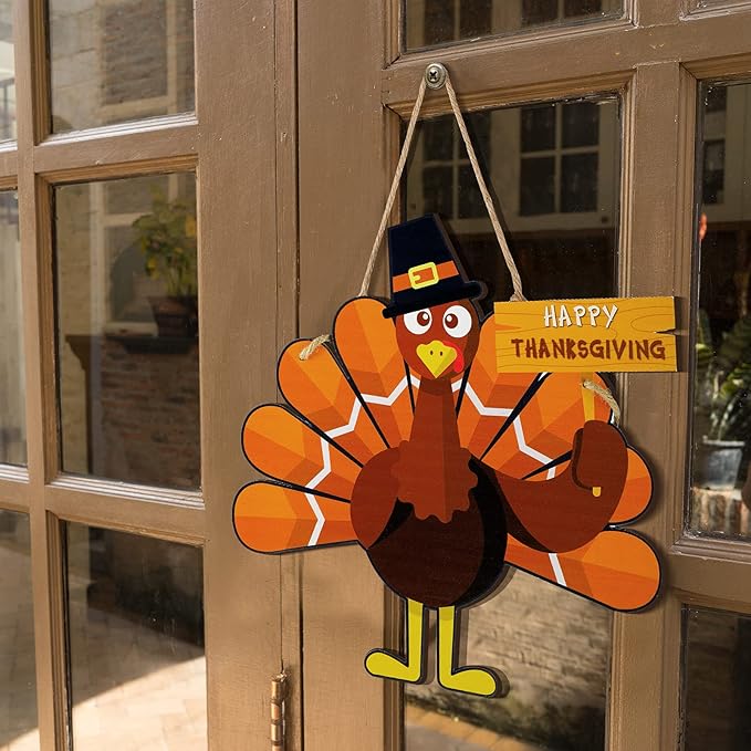 Thanksgiving Turkey Wooden Door Sign Hanging Turkey Art Door Decor Thanksgiving Turkey Wall Art Hanging Rustic Plaque for Thanksgiving Day Party Front Door Home Office Decoration, 11.4 x 8.3 Inch