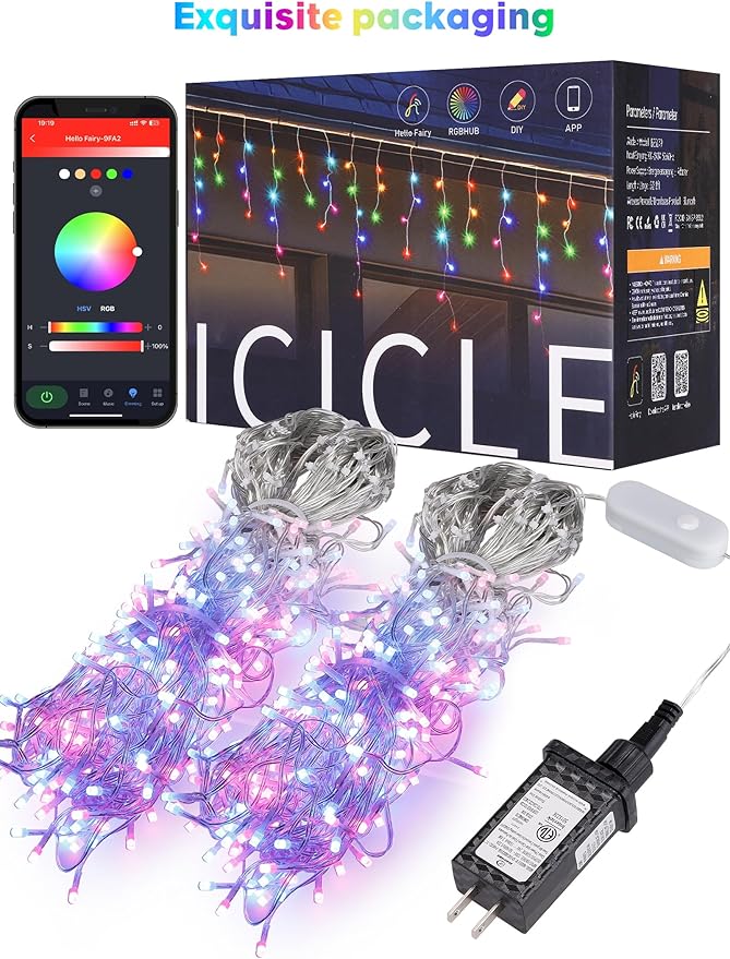 Brightown Smart Icicle Lights for Outside, 66Ft 608 LED RGB Smart Christmas Lights with 58 Preset Modes, App or Remote Control, Music Sync, Memory and Timer Function for Indoor/Outdoor Use