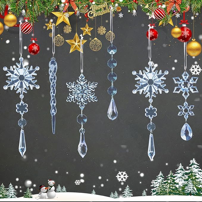 18pcs Crystal Christmas Ornaments for Christmas Tree Decorations-Blue Hanging Acrylic Snowflake and Icicle Ornaments with Drop Pendants for New Year Party Decorations Supplies