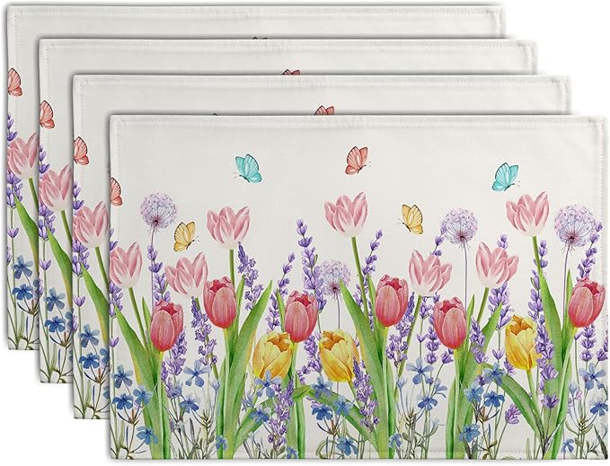 Tulip Placemats Set of 4 Spring Summer Flowers Tulips Lavender Place Mats Watercolor Floral Dandelion Butterfly Non-Slip Heat Resistant Washable Linen Table Mats for Dining Table Kitchen Decor