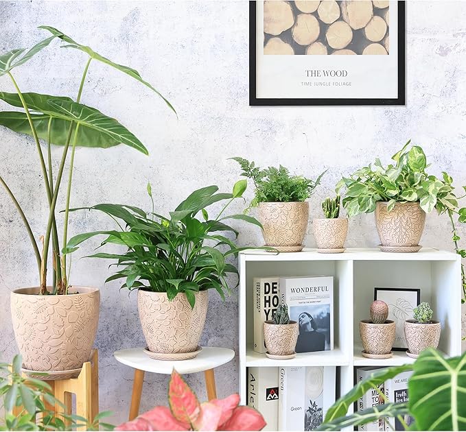 8 Inch + 6 Inch Retro Ceramic Planter Set of 2 with Drainage Hole and Saucer for Multiple Plants, Indoor-Outdoor Garden Pots for Succulent, Orchid, and Flower (Retro Peach)