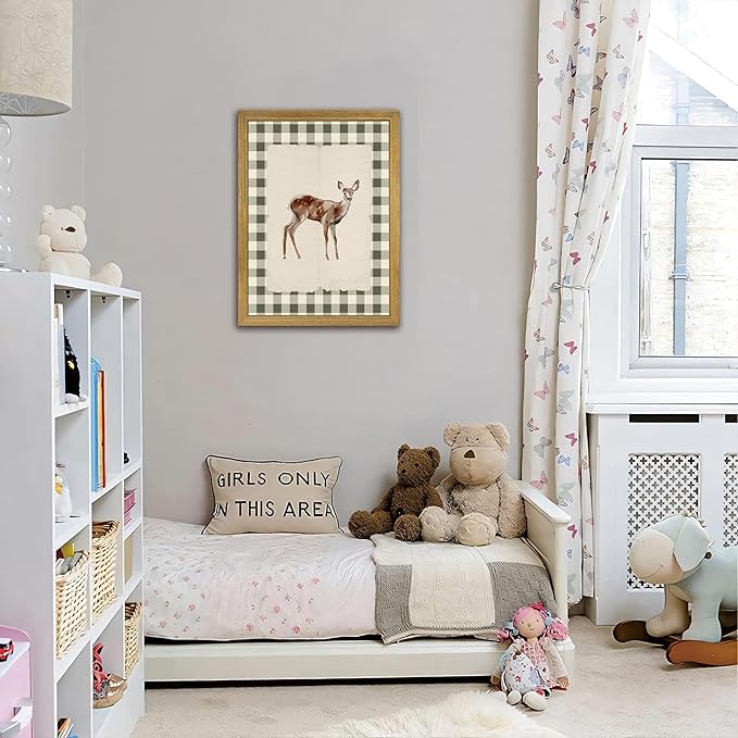 Wood Framed Deer Wall Art Print, Woodland Baby Deer Canvas Poster Wall Decor, Vintage Rustic Green Gingham Farmhouse Animal Picture for Living Room Kitchen Bedroom Nursery Decor, 16x24 inch