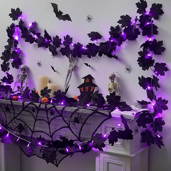 Ouddy Decor 2 Pack Lighted Black Garland Decorations, Total 20 Ft 60 Led Fall Lights Maple Leaves Battery Operated for Indoor Outdoor Thanksgiving Front Door Decor, Purple