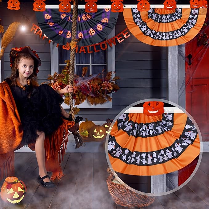 4 Pcs Halloween Bunting Flags for Outside 3 x 1.5 ft Pleated Half Fan Flag Hanging Banner Outdoor with 3 Grommet for Halloween Porch Garden Yard Holiday Indoor Home Decorations, Black Orange