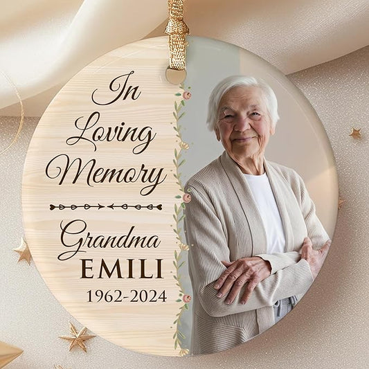 2025 Personalized Memorial Ceramic Ornament – Christmas-Birthday-Anniversary Keepsake for Loss of Loved One – Custom Photo Name Year – in Loving Memory Round Decoration