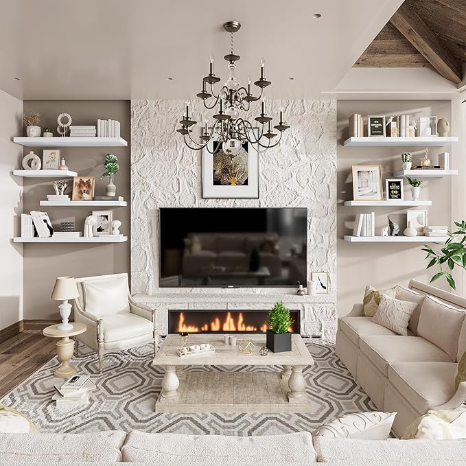 Heimlove 36 Inch Long Floating Shelf for Wall, 12" Deep White Floating Shelves Wall Shelves for Bedroom Living Room Bedroom, Wall Mounted Shelves for Storage Book Decor, Set of 2