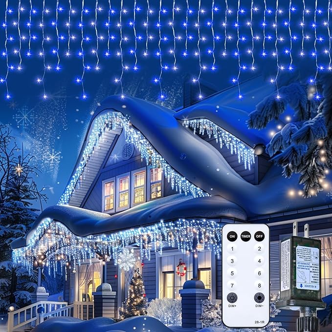 Brightown Icicle Lights Outdoor, 20Ft Christmas Lights with 30 Drops, 1125 LED Firecracker Icicle Christmas Light Outdoor with Timer for House Eaves Wedding, Blue and White