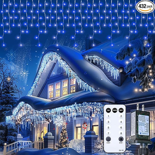 Icicle Outdoor Christmas Lights, 40Ft. 432 LED with 81 Drops, Dimmable Twinkle Fairy with Remote and Timer for House Holiday Decorations, Blue and White