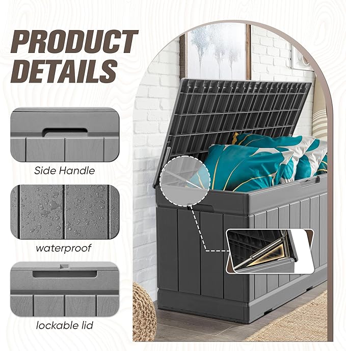JUMMICO 83 Gallon Outdoor Deck Box Large Resin Storage Box for Patio Furniture Cushions, and Garden Tools (Gray)
