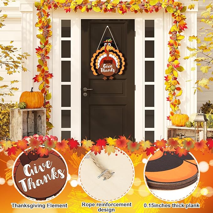Thanksgiving Decoration Wooden Turkey Pumpkin Door Wreath for Front Door Sign Wall Signs, Thankful Blessed Grateful Pumpkin Sign Hanging for Fall Autumn Harvest Home Halloween Decoration