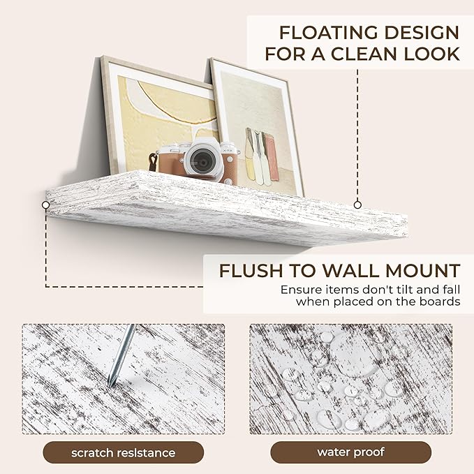 RICHFOCUS 31.5Inch Floating Shelves for Wall 2 Pack Shelves for Bedroom|Kitchen|Bathroom Wall Mounted Rustic Distressed Wood Floating Shelf with Invisible Brackets for Books|Storage|Decor, Rustic