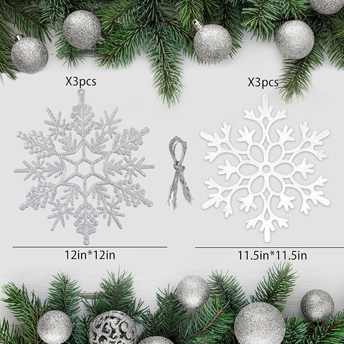 6pcs Large White Silver Snowflakes Ornaments Big Plastic Glitter Snowflake for Winter Indoor Outdoor Christmas Tree Window Room Decorations Giant Craft Snowflakes, 12/11.5 Inch