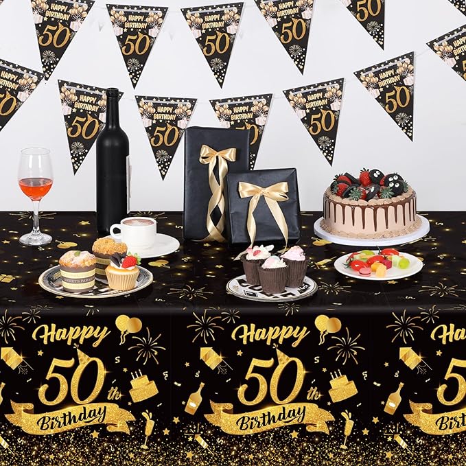 3 Pack 50th Birthday Tablecloth, Plastic Black Gold Table Cloths 50th Birthday Table Cover, Disposable Rectangle Table Cloths for Birthday Party Decorations, 54x108