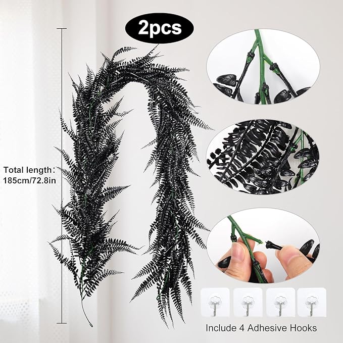 RECUTMS 2pcs Black Garland Artificial Hanging Plants 6 FT Boston Faux Ferns Garland Halloween Thanksgiving Party Outdoor Indoor Decor for Home