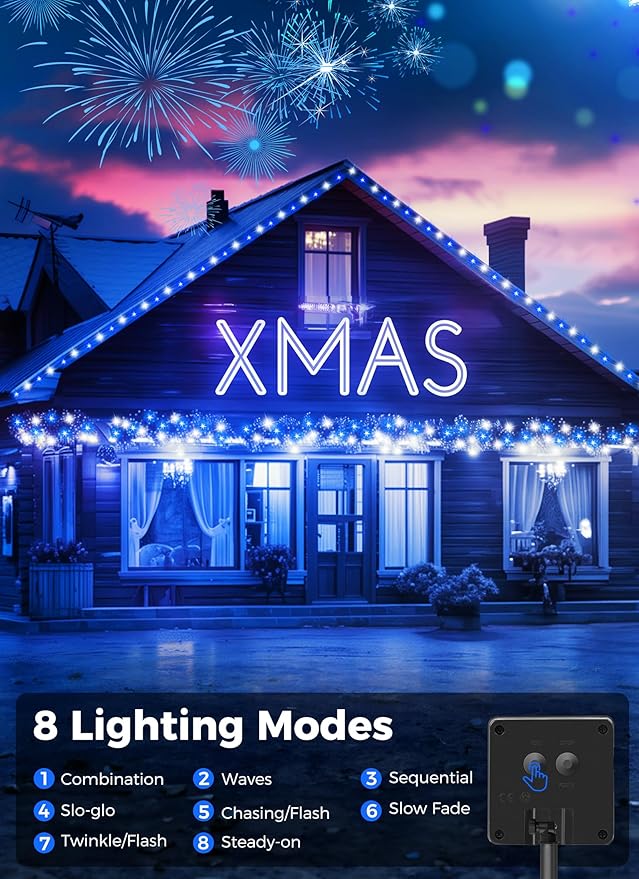 Minetom Solar String Lights - 4 Pack, 160FT, 400 LED with 8 Modes, Waterproof, Outdoor Christmas Lights for House & Tree, Blue & White
