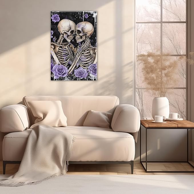 Skull Canvas Wall Art Couple Skeleton Holding Each Other Picture Art Poster Abstract Lover Painting Modern Artwork Horrible Halloween Decor(Artwork-2,16"x24")