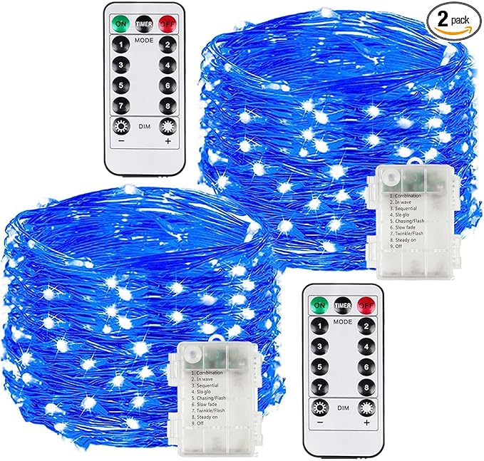 2 Pack Each 33Ft 100LED Battery Operated Fairy Lights with Remote, Waterproof Battery Christmas Twinkle Light with Timer, String Lights for Bedroom Christmas Decorations (Blue)