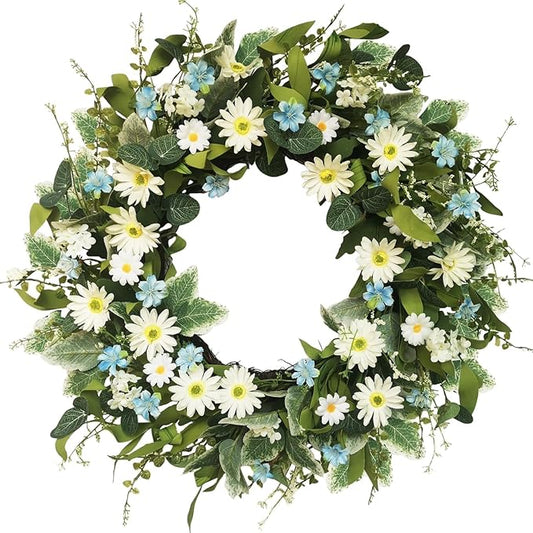 24 Inch Wreaths for Front Door, Large Spring Summer Artifiical Wreath with Blue White Daisy Flower, All Season Floral Wreaths for Porch Window Wall Decor Outside Indoor Outdoor Decorations