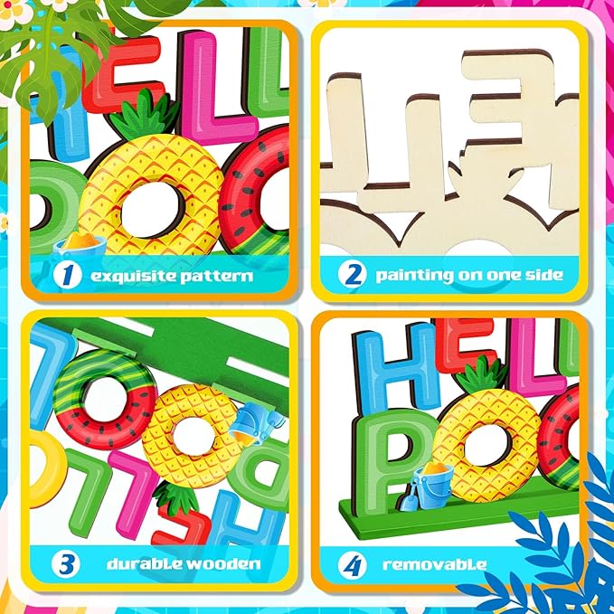 6 Pcs Hello Summer Table Decoration Happy Last Day of School Table Sign School's out of Summer Vacation Pool Wooden Tabletop Centerpieces for Holiday Party Supplies Home Decor