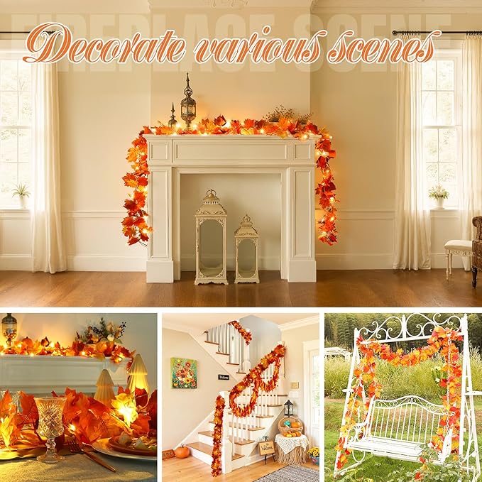 Joyhalo 4 Pack Fall Garland with Lights, Fall Leaves for Mantle, Outdoor Lighted Up Leaf Garland Autumn Decor with 6.5FT LED String Lights, Hanging Maple Leaves for Door, Thanksgiving Decor